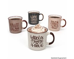 4-delige set koffie mokken XL met spreuken, elk 1x roze, lichtbruin, lichtgrijs en donkergrijs, van aardewerk - Q99000500