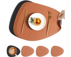 4-delige set placemats en onderzetters, dubbelzijdig ontwerp, antislip en waterdicht, wasbaar, gemaakt van leer, oranje en zwart (4 placemats en 4 onderzetters)