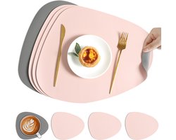 4-delige set placemats en onderzetters, dubbelzijdig ontwerp, antislip en waterdicht, wasbaar, gemaakt van leer, roze en grijs (4 placemats en 4 onderzetters)