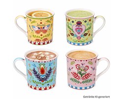 4-delige set SPRING FOLK koffiemokken elk 1x Geel, Groen, Roze & Blauw van porselein – R0179#SFOL