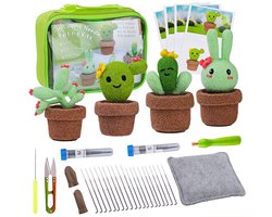 4-Delige Set Van Schattige Cactus Wol Vilt Set, Wol Vilt Poke Diy Materiaalpakket, Mini Succulent Kleine Pot Groene Plant Diy Materiaalpakket, Wol Vilt Starter Set