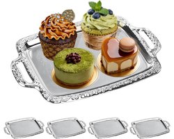 4-delige set zilverkleurige dienbladen – roestvrijstalen dienbladen met handvatten, met een spiegelglansafwerking in zilverkleur, geschikt voor hapjes, koekjes en koude schotels, maar ook als woondecoratie
