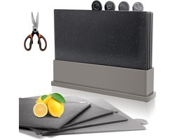 4-Delige Snijplankenset BPA-vrij - Vaatwasmachinebestendig - Index Snijplanken - Vis Vlees Groenten Fruit - Multifunctionele Schaar snijplankenset met houder