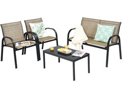 4-Delige Terrasmeubelset Tuinmeubelset 1 Salontafel 1 Tuinbank 2 Stoelen voor Binnen/Buiten voor Terras Tuin Balkon Bruin