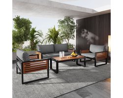 4-Delige Tuinlounge Set - 2-Zits Bank, 2 Fauteuils & Tafel - Verzinkt IJzeren Frame - Houten Armleuningen - Inclusief Kussens - Grijs - Ideaal voor Tuin, Terras & Balkon