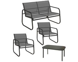 4-delige tuinmeubelset 111×70×75 cm (twee-persoonsstoel) 59×70×75 cm (één-persoonsstoel) 75×43×38,5 cm (tafel) zwart staal, inclusief 3 stoelen en 1 tafel, zwart gaasontwerp, geschikt voor tuin en terras.