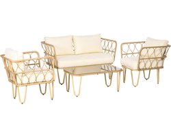 4-delige Tuinmeubelset - 2-zitsbank, 2 Stoelen en Salontafel met Kussens - Ecru Polyrotan en Metaal
