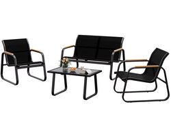4-Delige Tuinmeubelset – 2-Zitsbank, 2 Stoelen & Glazen Salontafel – Weerbestendige Loungeset van Metaal en Textiel – Terrasmeubelen voor Tuin, Balkon & Veranda