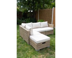 4-delige Tuinmeubelset met Kussens – Luxe Polyrotan Loungeset voor Tuin, Terras & Balkon – Beige Crème – Weerbestendige Outdoor Hoekset met Opbergruimte & Voetenbank Furnitureland