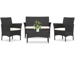4-delige Tuinmeubelset – Rotan Loungeset met Bank, Stoelen & Tafel - Tuinstoelen - Tuinset – Weerbestendig Duurzaam Meubilair voor Tuin, Terras of Balkon
