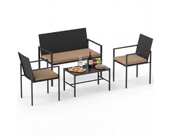 4-delige tuinmeubelset - Rotan Stoelen - Loveseat voor buiten met salontafel van gehard glas - bruin