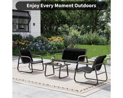4-delige Tuinmeubelset Textiene 50 x 100 cm Bank, 2 Stoelen en Tafel Staal en Glas Modern Design - NoviHome
