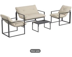 4 delige tuinmeubelset voor 4 personen tuinset met 2 zitsbank 2 fauteuils en salontafel zwart staal met beige kussens voor terras en tuin