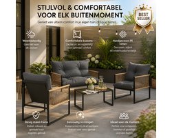 4-delige tuinset: bank, 2 stoelen, tafel met glazen blad, metalen frame, polyrattan, antraciet