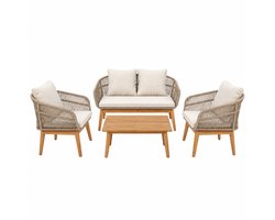 4-Delige Tuinset Beige - Acaciahout & Touw - 2 Tuinstoelen & Tuinbank incl. Kussens & Tuintafel - Loungeset 4 Persoons