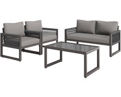 4-delige Tuinset met verzinkt ijzeren frame, grijze touw loungeset met kussens, verstelbare poten, glazen tafelblad