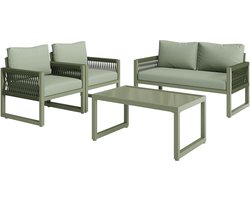 4-delige Tuinset met verzinkt ijzeren frame, groene touw loungeset met kussens, verstelbare poten, glazen tafelblad