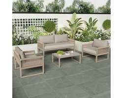 4-delige Tuinset met verzinkt ijzeren frame, touw loungeset in khaki met kussens, verstelbare poten, glazen tafelblad
