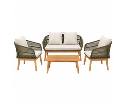 4-Delige Tuinset Saliegroen - Acaciahout & Touw - 2 Tuinstoelen & Tuinbank incl. Kussens & Tuintafel - Loungeset 4 Persoons