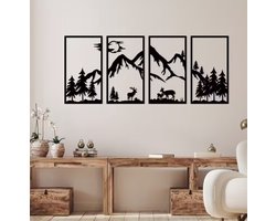 4-delige Wanddecoratie – Berglandschap met Herten – Modern Metaal Effect – Sfeervolle Natuur Wandpanelen –