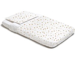 4-delige Wieg Beddengoedset – 100% Katoen – Hoeslaken 83x50 + Dekbedovertrek + Kussensloop + Dekbed – Wit met Gouden Hartjes Motief | Perfect Kado