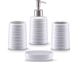 4-Delige witte gestreepte badkamer/toilet accessoires set van keramiek - Huishouding - Badkameraccessoires/benodigdheden - Toiletaccessoires/benodigdheden - Zeeppompjes/bekers/zeephouders
