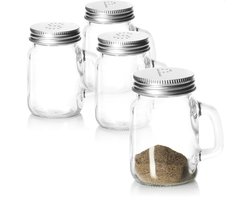 4-delige zout- en peperstrooierset, glazen kruidenstrooier met metalen deksel en handvat, zout- en peperstrooier als kleine bierpul, kook- en keukenaccessoires (4 stuks met handvat)