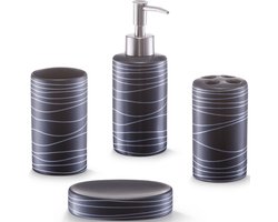 4-Delige zwarte gestreepte badkamer/toilet accessoires set van keramiek - Huishouding - Badkameraccessoires/benodigdheden - Toiletaccessoires/benodigdheden - Zeeppompjes/bekers/zeephouders