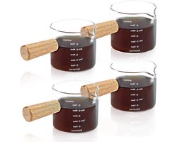 4 Espressokopjes met Houten Handvat en Maatbeker van Glas - Dubbele Uitloop en Schaal - Espresso-accessoires - Koffiekopjes - V-uitloop voor Koffie Melk Sap - Vloeistof - Set van 4 (75 ml)