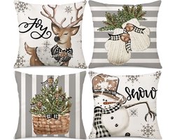 4 gedrukte kussenhoes, huis slaapkamer beddengoed, woonkamer bank kussen kussenhoes decoratie, kerstkussenhoes 45,72 x 45,72 cm, klok witte handschoenen, sneeuwman, rendieren, boog potplant
