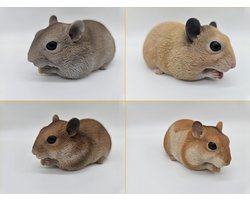 4 Hamster beelden 13 cm - mooi beeldje bijna levensecht - hele mooie definities in lichtbruin uitgevoerd - polystone - beeld - hoogkwalitatieve kunststof - decoratiefiguur - interieur - accessoire - voor binnen - cadeau - geschenk