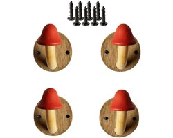 4 houten kapstokhaken in de vorm van een paddenstoel - Kapstok in de vorm van een paddenstoel - Handdoekhaken voor aan de muur - Set van massief houten schroefhaken (4 haken en 8 schroeven) - Rood