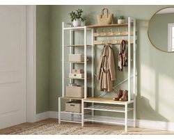 4-in-1 Halmeubel met Schoenenbank en Kapstok – Kapstok met Schoenenrek 140x120x190 cm – Garderobemeubel met 9 Haken, 6 Zijhaken & 5 Planken – Industrieel Goud Eiken & Wit Design Ganeey