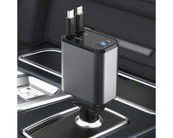 4 in 1 Intrekbare Autolader met Dubbele Poorten - 120W Snellader voor Auto