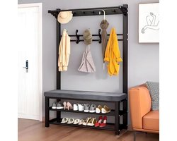 4-in-1 kapstok en schoenenbank met opbergrek en kussen - veelzijdige haloplossing voor entree, woonkamer en slaapkamer - zwart