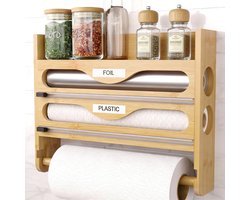 4-in-1 Keukenrolhouder en Foliedispenser van Hout met Schuifsnijder