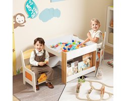 4-in-1 Kindertafel met 2 Stoelen en Opbergruimte – Houten Kinderzitgroep met Omkeerbaar Tafelblad, Boekenplanken & Opbergboxen – Multifunctionele Speeltafel en Tekentafel voor Kinderen vanaf 3 Jaar – Naturel