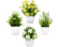 4 Kleine Kunstmatige Bloeiende Kamerplanten - Plastic Nep-Potplanten, Kleine Kunstbloemen voor op Tafel - Lentedecoratie Voor Huis, Kamer, Boerderij, Bureau, Badkamerdecoratie
