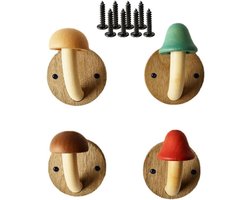 4-kleurige houten kapstokhaak in de vorm van een paddenstoel - Kapstokhaak in de vorm van een paddenstoel - Handdoekhaak voor aan de muur - Set van massief houten schroefhaken (4 haken en 8 schroeven)
