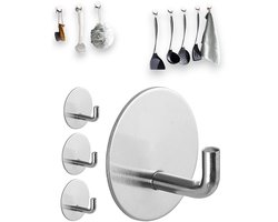 4 klevende haken, ronde haakjes van roestvrij staal met een rechte hoek, geen ponsen nodig sterke klevende haak，geschikt voor het ophangen van loofahs, handdoeken, kleding, hoeden en badkleding (4,5*4,5 cm, zilver)