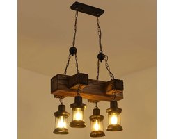 4 Kop Houten Kroonluchter - Vintage Hanglamp - 55 cm- Verstelbaar Ketting - Retro Hanglamp