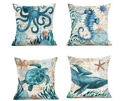 4 kussenslopen - Kussenhoezen - Kussenhoezen in mediterrane stijl - Kussenhoezen met oceaanmotief - Afmeting 45 cm x 45 cm - Woondecoratie (Kusseninzetstukken niet inbegrepen)