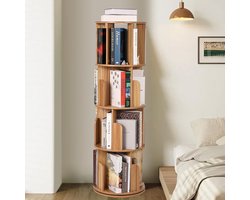 4-Laags 360° Draaibare Ronde Boekenkast Walnoot Houtkleur, Verticale Draaibare Boekentoren Ruimtebesparend Voor Slaapkamer Kinderkamer Woonkamer
