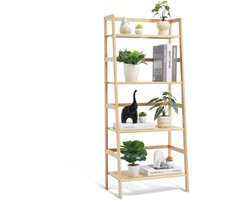 4-laags Bambu Ladder Rek, Trapezvormig Boekenrek en Presentatierek, Vrijstaande Plantenstandaard voor Badkamer, Slaapkamer, Kantoor, Werkruimte, Natuurlijk Hout