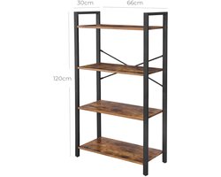 4-laags boekenkast multifunctioneel opbergrek open planken stevig metalen frame hoge draagkracht modern minimalistisch geschikt voor woonkamer, slaapkamer en keuken 66x30x120 cm bruin + zwart