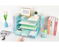 4-laags Bureau-Organizer met lades, Papierenhouders en Pennenhouders - Werkplekaccessoires voor kantoorbenodigdheden (Blauw)