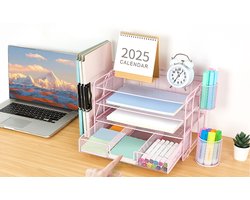 4-laags Bureau-Organizer met lades, Papierenhouders en Pennenhouders - Werkplekaccessoires voor kantoorbenodigdheden (Roze)