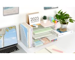4-laags Bureau-Organizer met lades, Papierenhouders en Pennenhouders - Werkplekaccessoires voor kantoorbenodigdheden (Wit)