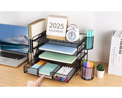 4-laags Bureau-Organizer met lades, Papierenhouders en Pennenhouders - Werkplekaccessoires voor kantoorbenodigdheden (Zwart)