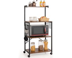 4-laags keuken-bakkersrek op wielen, industriële keuken bijkeuken opbergrek met metalen frame, 3 haken, 4 universele wielen, vrijstaande magnetronstandaard voor eetkamer, keuken, woonkamer